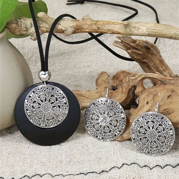 Necklace earring matching mandala boho jewelry set wood alloy combo - Picture 5 of 9